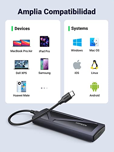 UGREEN Carcasa M.2 Disco Duro, NVME PCIE Caja con UASP Cable USB A to C 0,25m, Adaptador para SSD M.2 SATA M Key, B y M Key, Compatible con 2230/2242/2260/2280 Negro